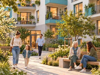 Family stroll in a sunny courtyard